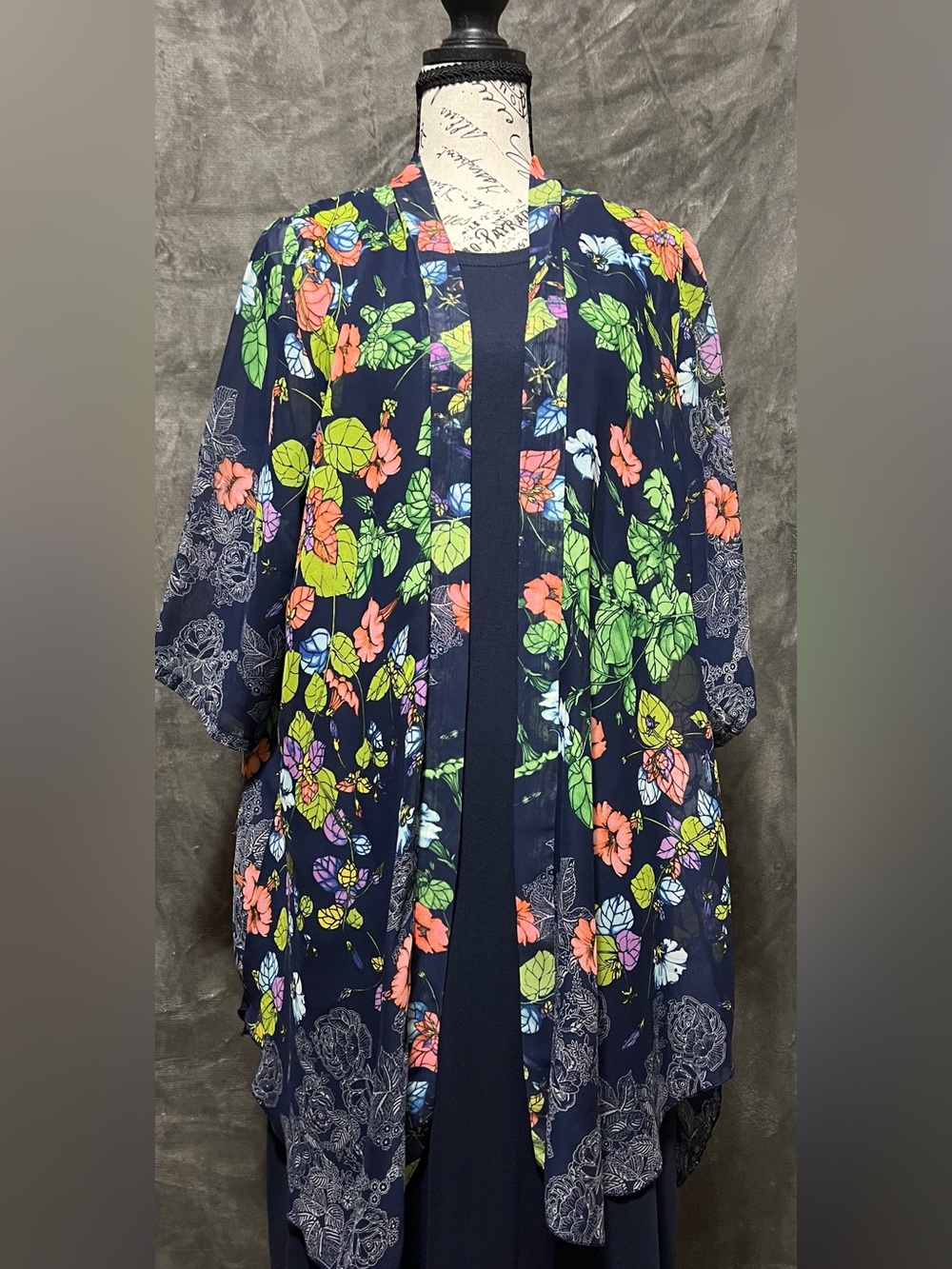 Floral Navy Midi Dress with Sheer Kimono